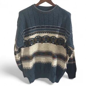 Vintage Men's Blue Patterned Crewneck Sweater Size Large
